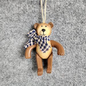 Vintage Hand-Carved 2004 Wooden Teddy Bear w/ Bow Jointed Ornament Christmas 5"